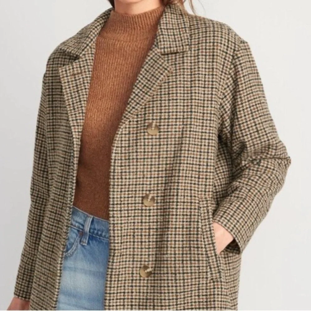 Old Navy Soft-Brushed Houndstooth Plaid Button-Front Wool Blend Overcoat Size 2X